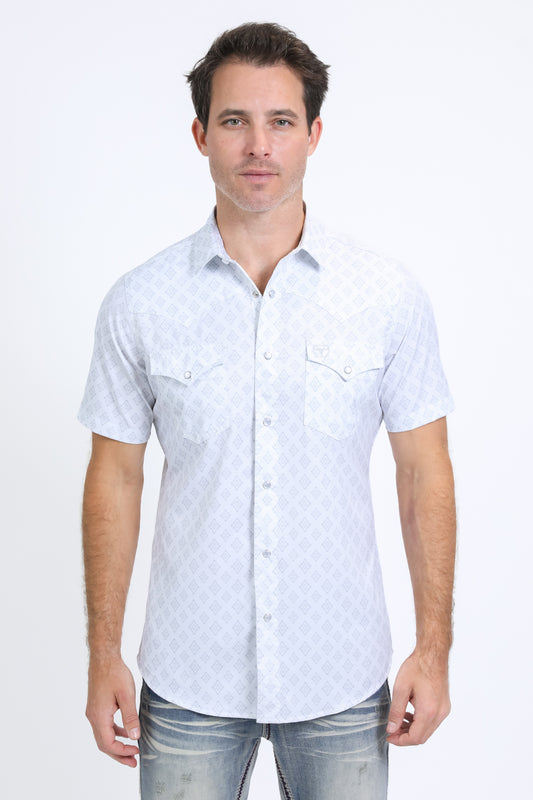 Mens Performance Western Short Sleeve Aztec Print White Shirt