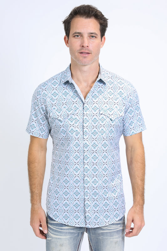 Mens Performance Western Short Sleeve Aztec Print White Shirt