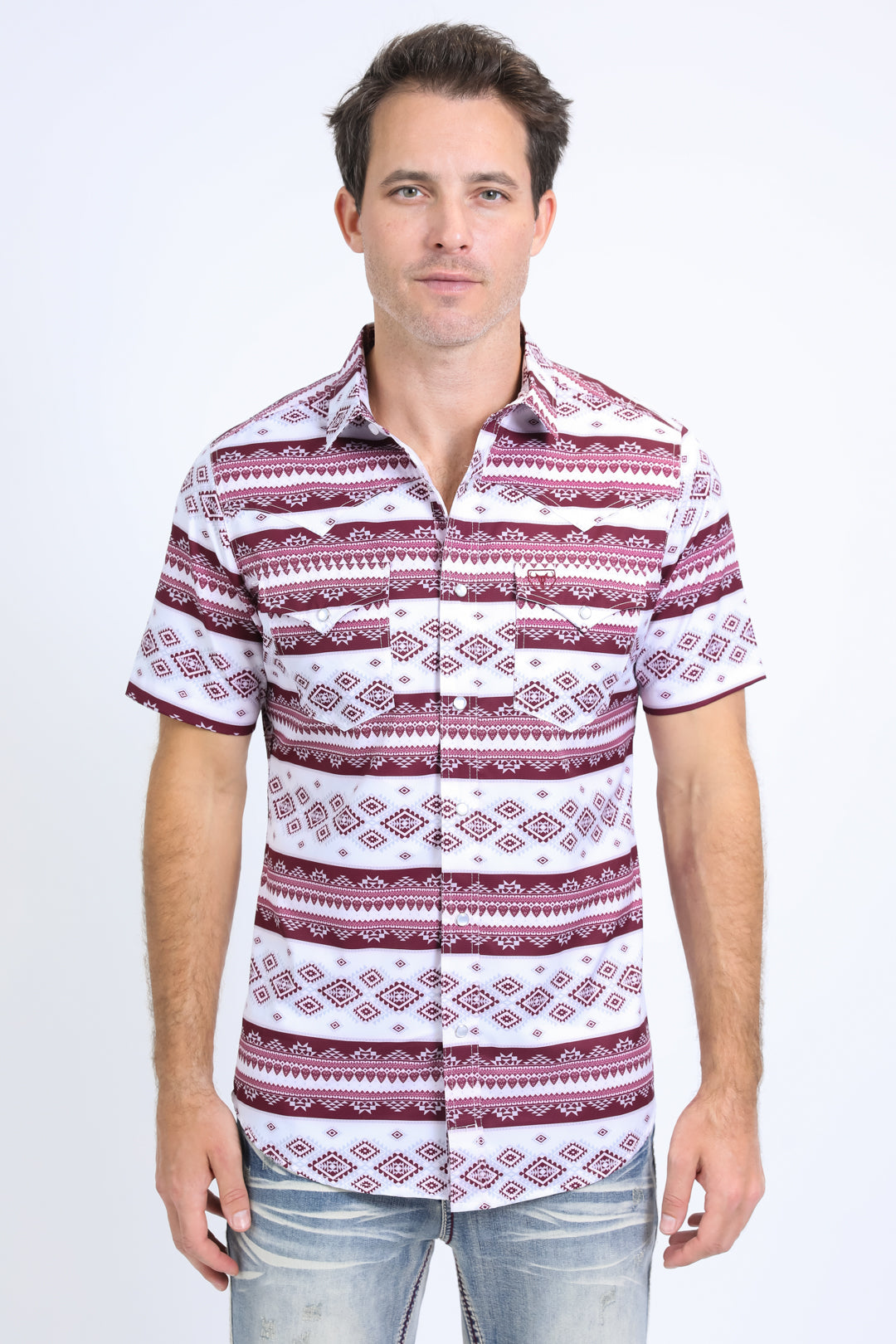 Mens Performance Western Short Sleeve Aztec Print White Shirt