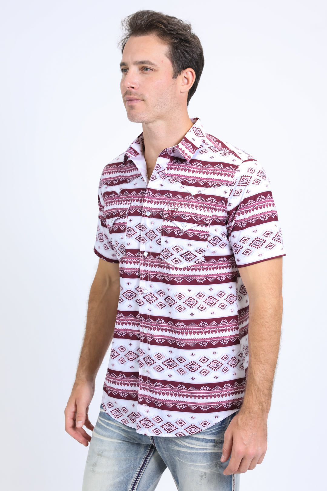 Mens Performance Western Short Sleeve Aztec Print White Shirt