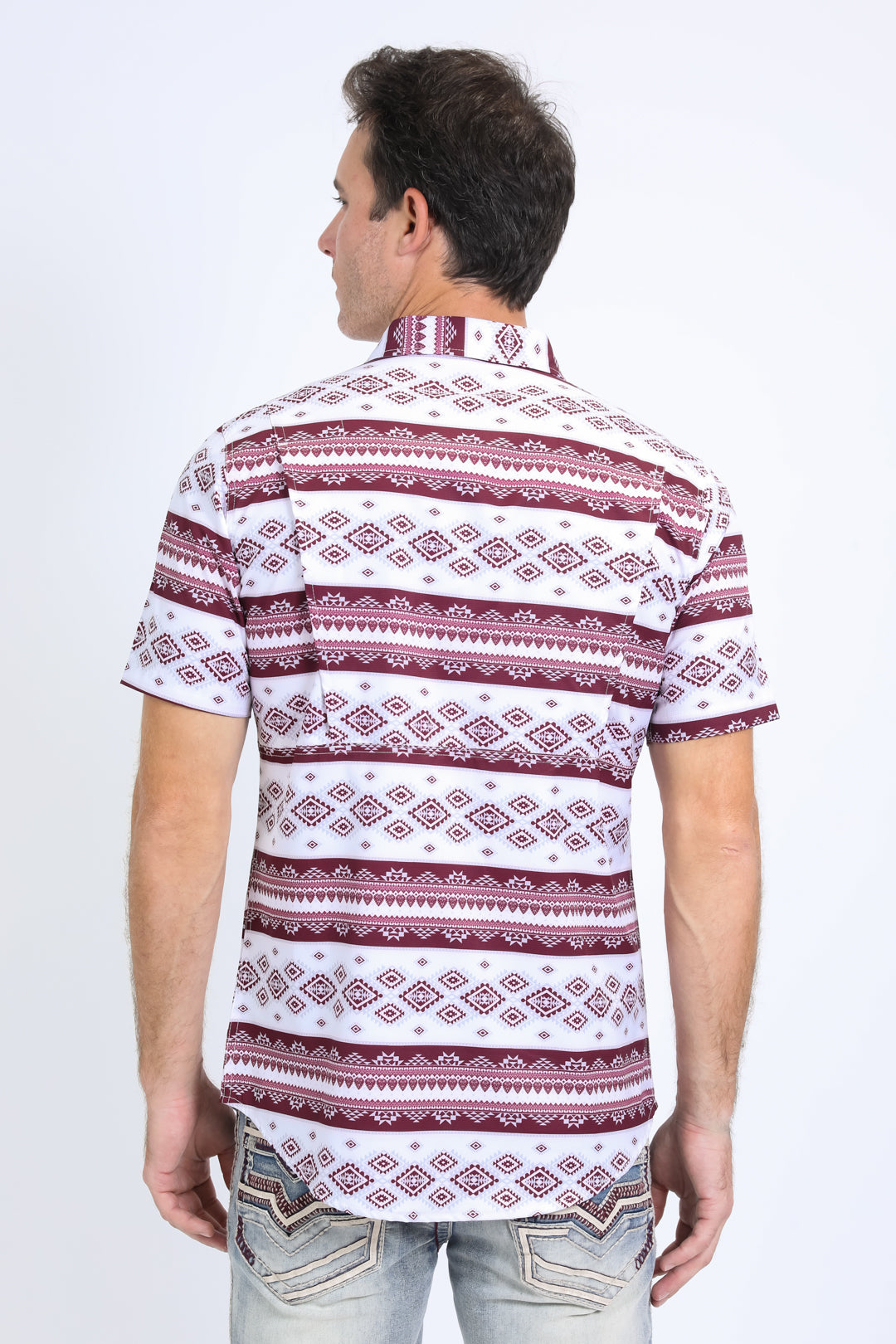 Mens Performance Western Short Sleeve Aztec Print White Shirt