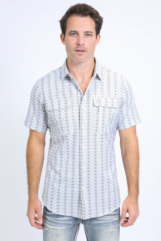 Mens Performance Western Short Sleeve Aztec Print White Shirt