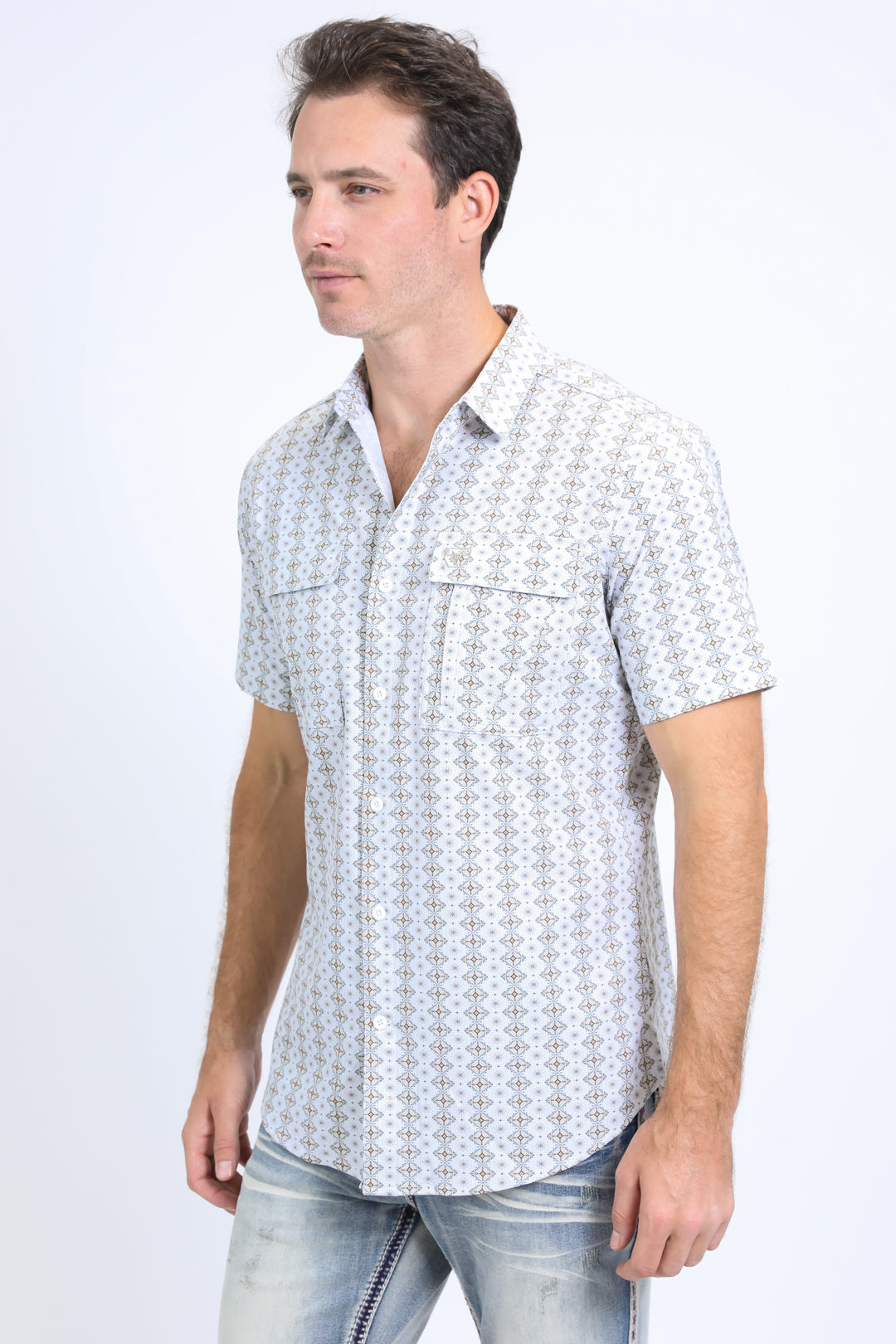 Mens Performance Western Short Sleeve Aztec Print White Shirt