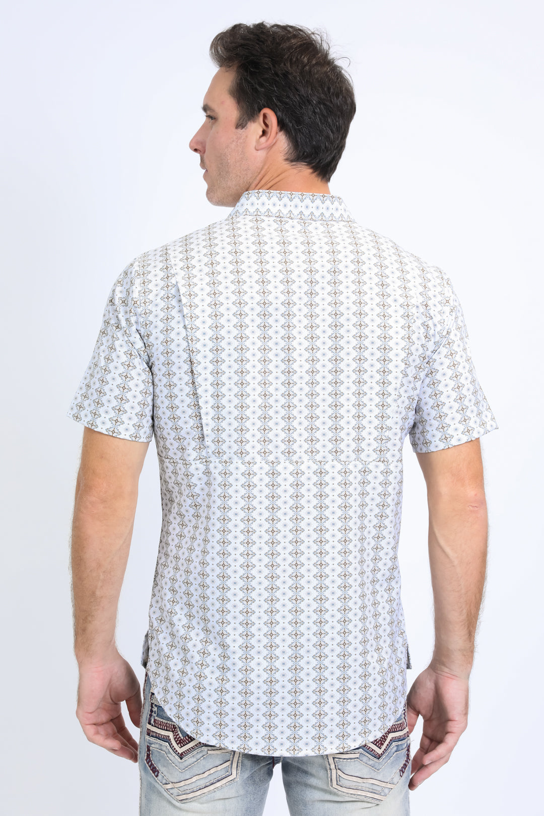 Mens Performance Western Short Sleeve Aztec Print White Shirt