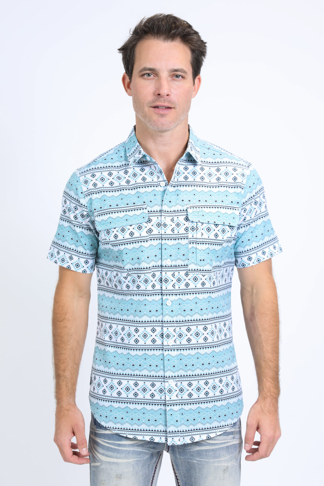 Mens Performance Western Short Sleeve Aztec Print White Shirt