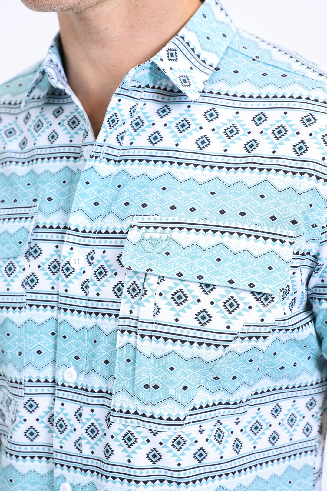 Mens Performance Western Short Sleeve Aztec Print White Shirt