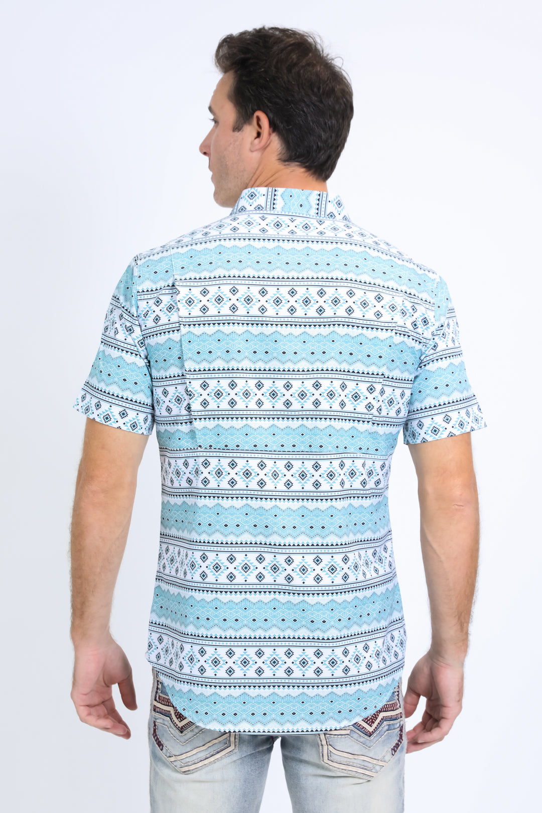 Mens Performance Western Short Sleeve Aztec Print White Shirt