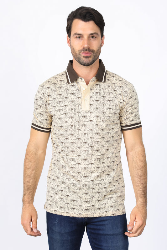 Mens Premium Cotton Beige Polo Shirt with Print