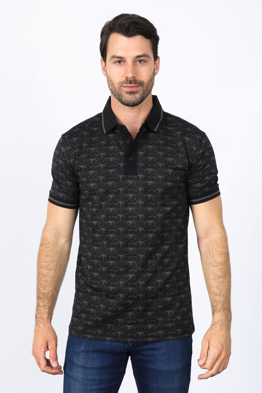 Mens Premium Cotton Black Polo Shirt with Print