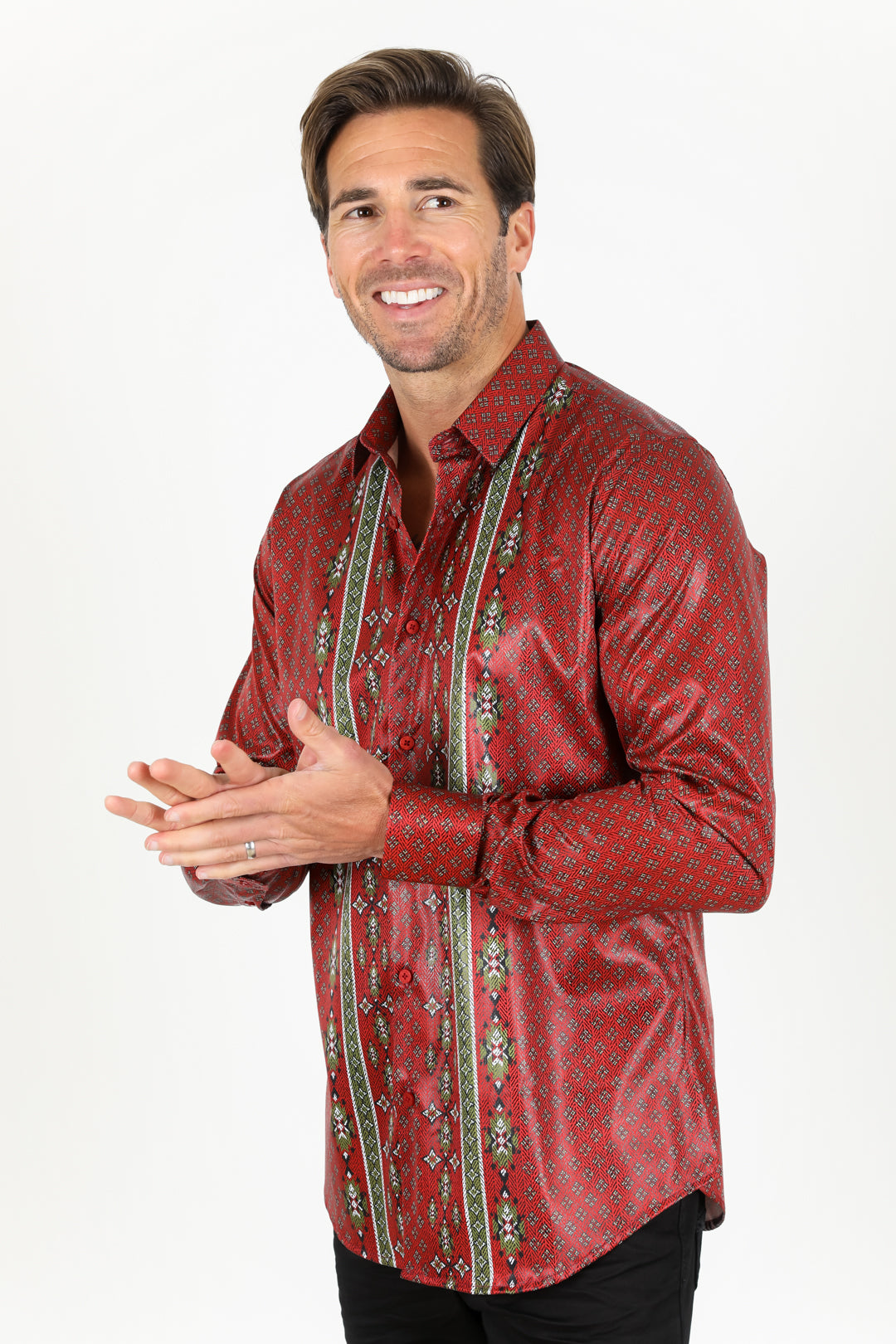 Mens Modern Fit Stretch Aztec Foiled Shirt - Red