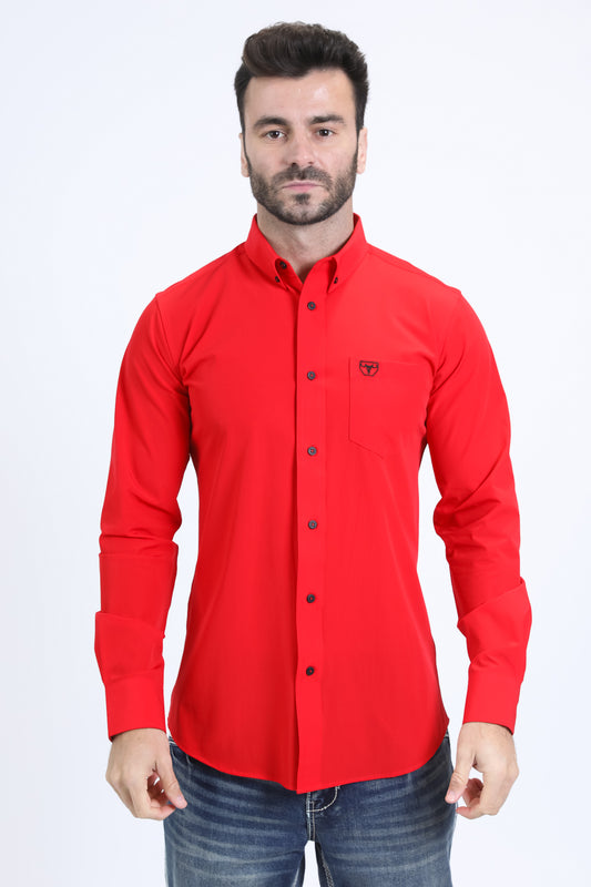 Men’s Single Pocket Logo Modern Fit Stretch Dress Shirt - Red