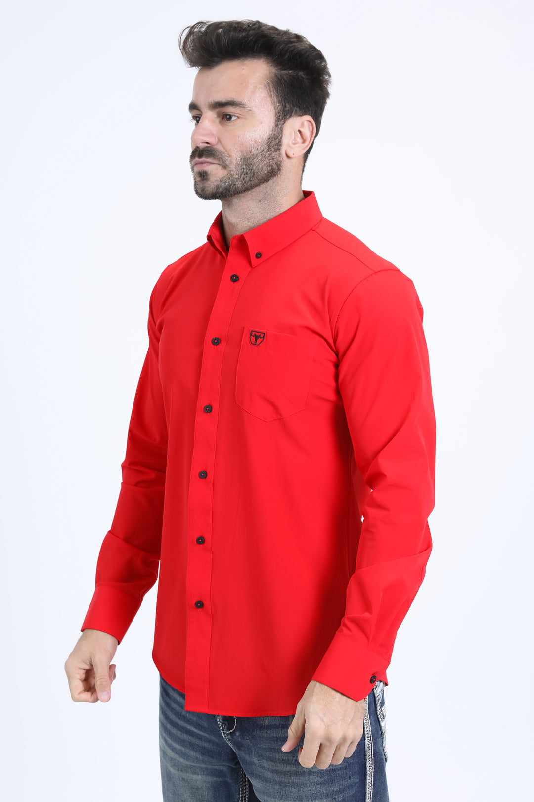 Men’s Single Pocket Logo Modern Fit Stretch Dress Shirt - Red