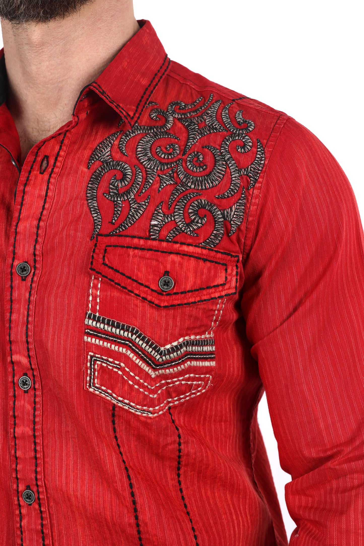 Mens Vintage Washed 2-tone Embroidery Modern Fit Stretch Shirt