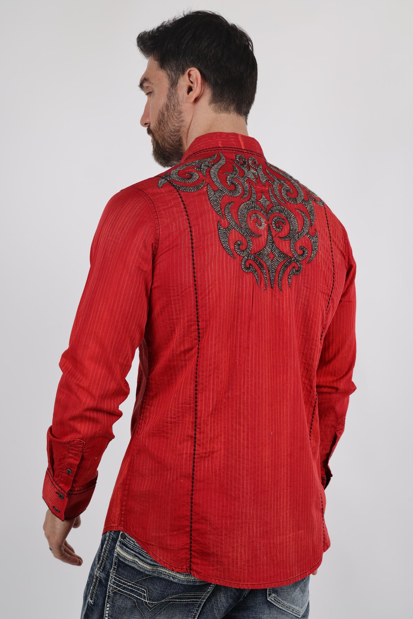 Mens Vintage Washed 2-tone Embroidery Modern Fit Stretch Shirt