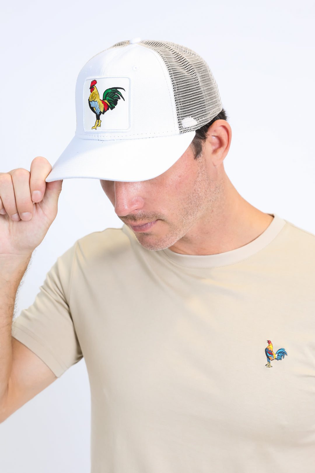 Mens Rooster Logo Baseball Cap - White