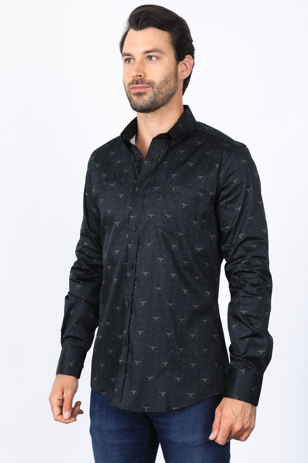 Mens Satin Cotton Modern Fit Black Long Sleeve Shirt