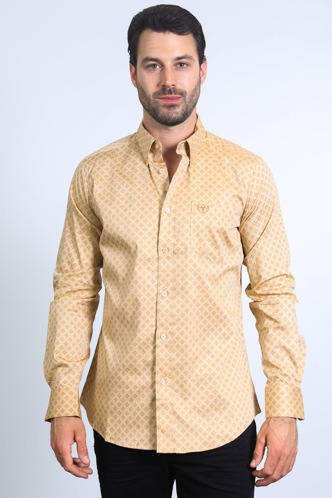 Mens Satin Cotton Modern Fit Khaki Long Sleeve Shirt