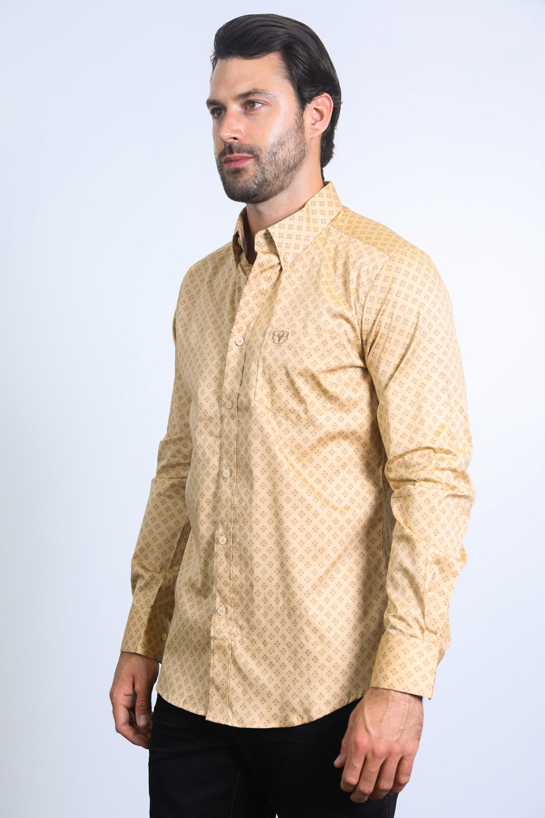 Mens Satin Cotton Modern Fit Khaki Long Sleeve Shirt