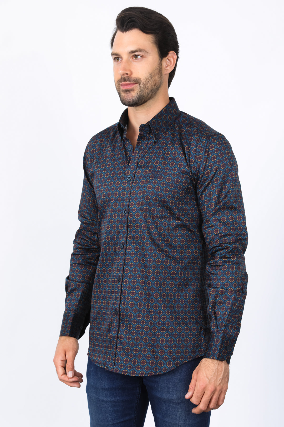 Mens Satin Cotton Modern Fit Navy Long Sleeve Shirt