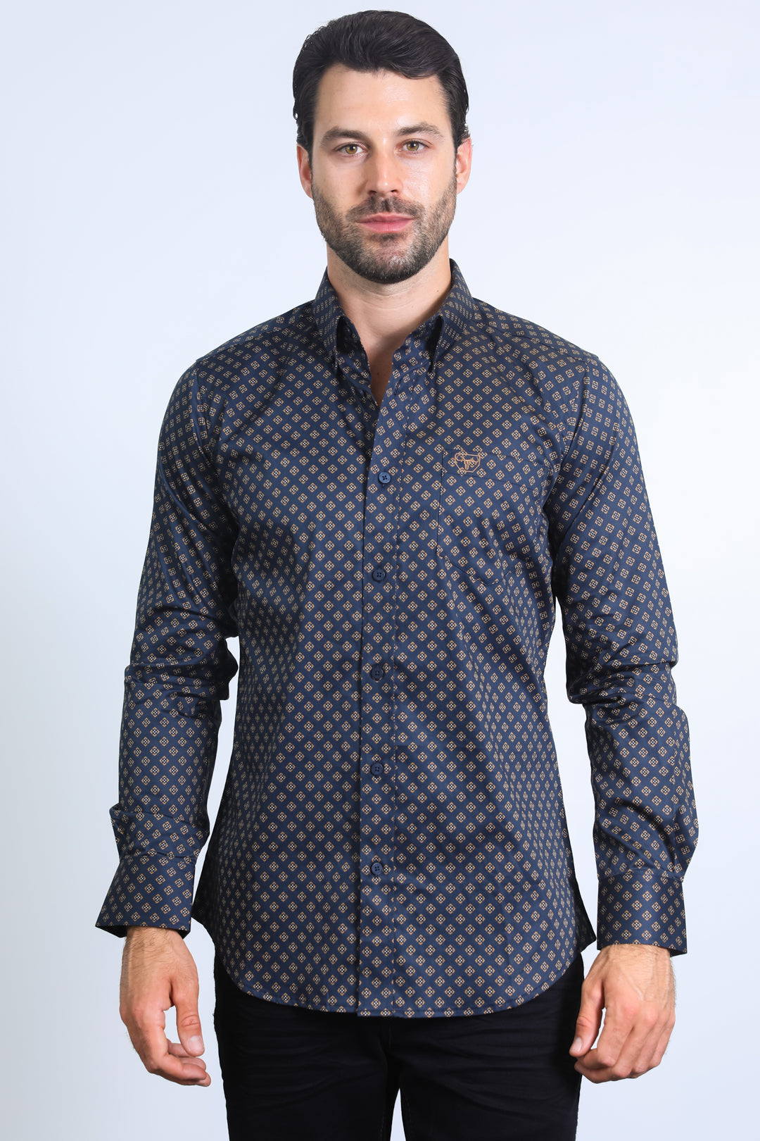 Mens Satin Cotton Modern Fit Navy Long Sleeve Shirt