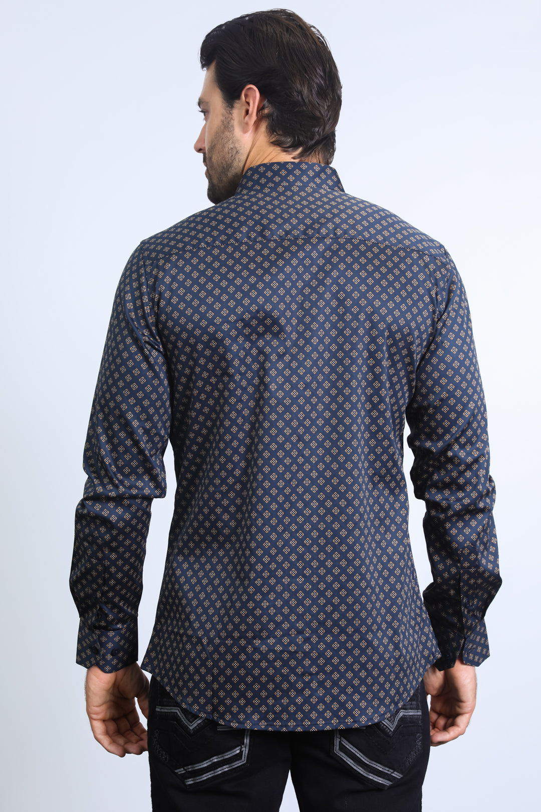 Mens Satin Cotton Modern Fit Navy Long Sleeve Shirt