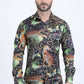 Mens Satin Digital Print Black Shirt with Rhinestones Applique