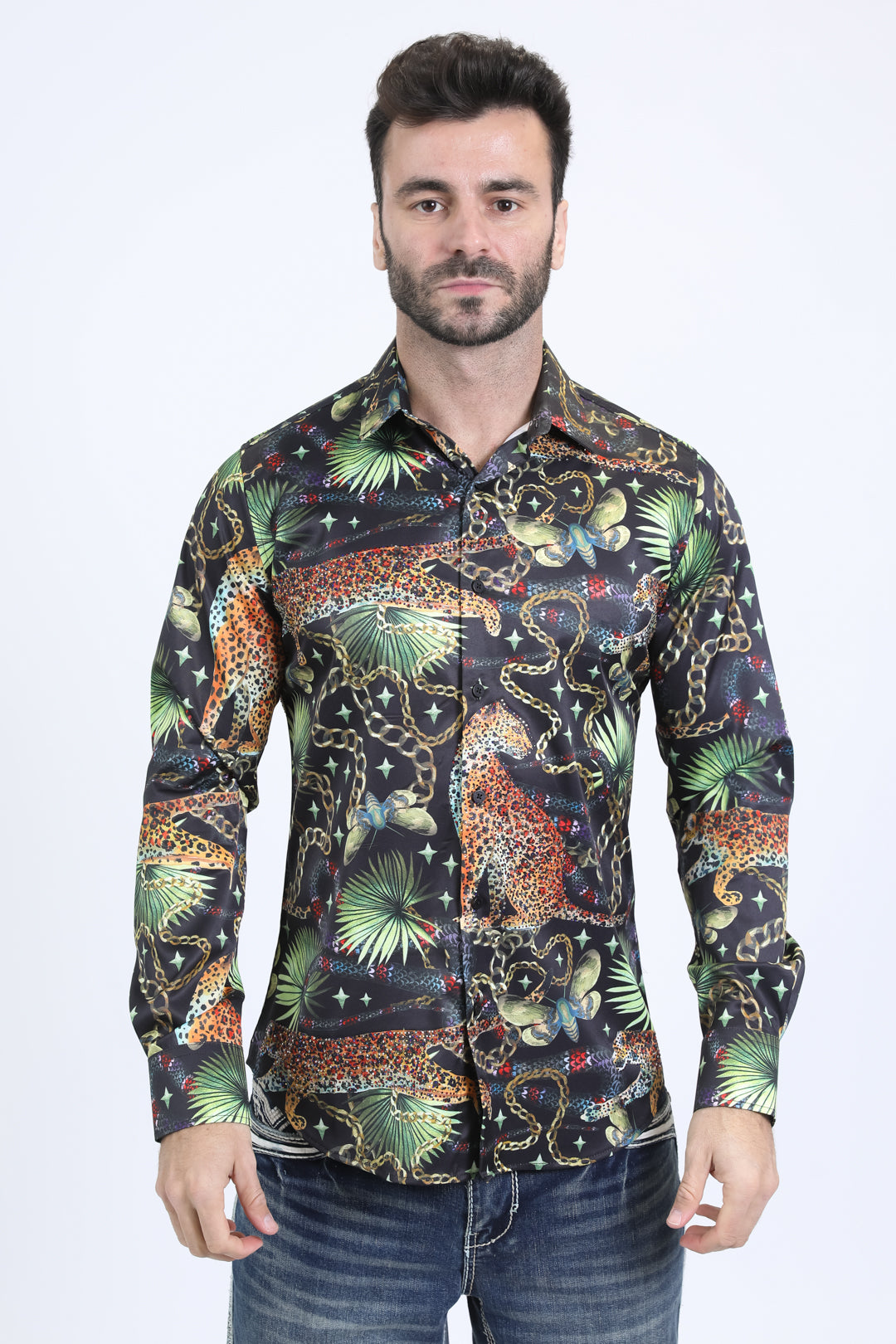 Mens Satin Digital Print Black Shirt with Rhinestones Applique