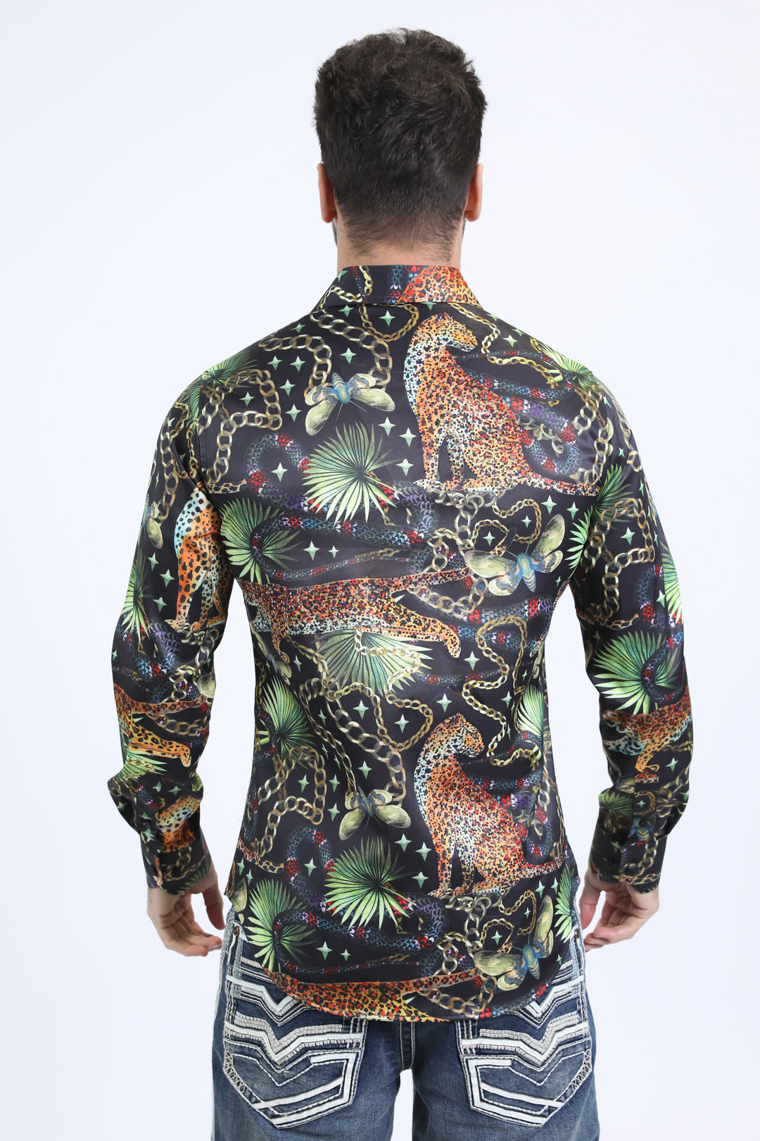 Mens Satin Digital Print Black Shirt with Rhinestones Applique