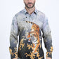 Mens Satin Digital Print Black Shirt with Rhinestones Applique