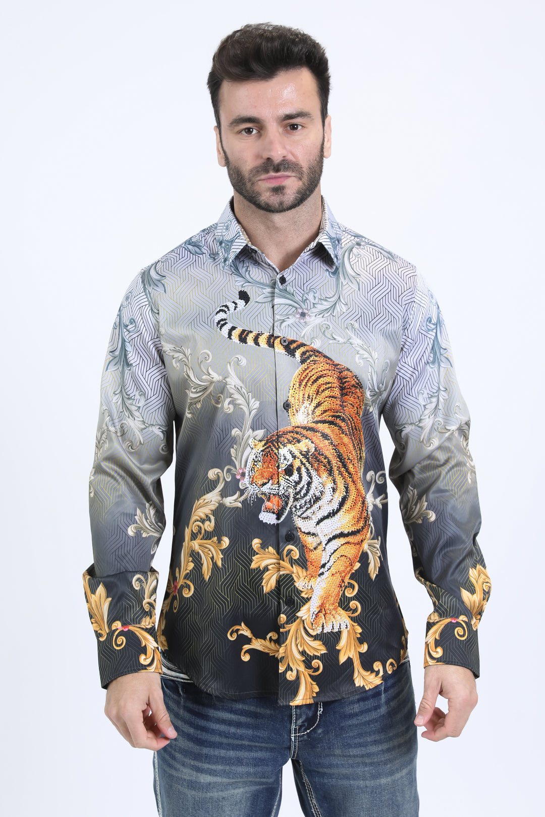 Mens Satin Digital Print Black Shirt with Rhinestones Applique