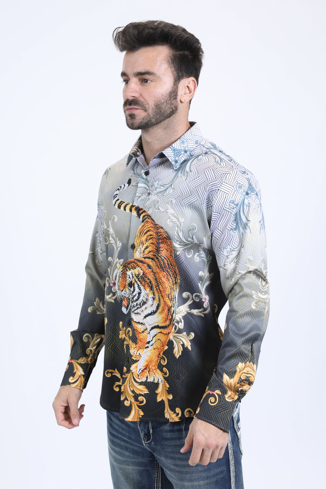 Mens Satin Digital Print Black Shirt with Rhinestones Applique