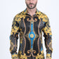 Mens Satin Digital Print Black Shirt with Rhinestones Applique