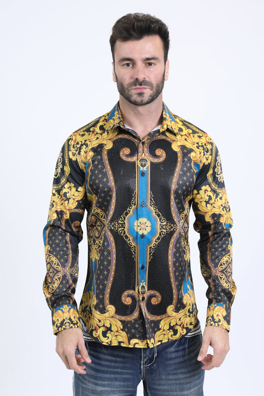 Mens Satin Digital Print Black Shirt with Rhinestones Applique