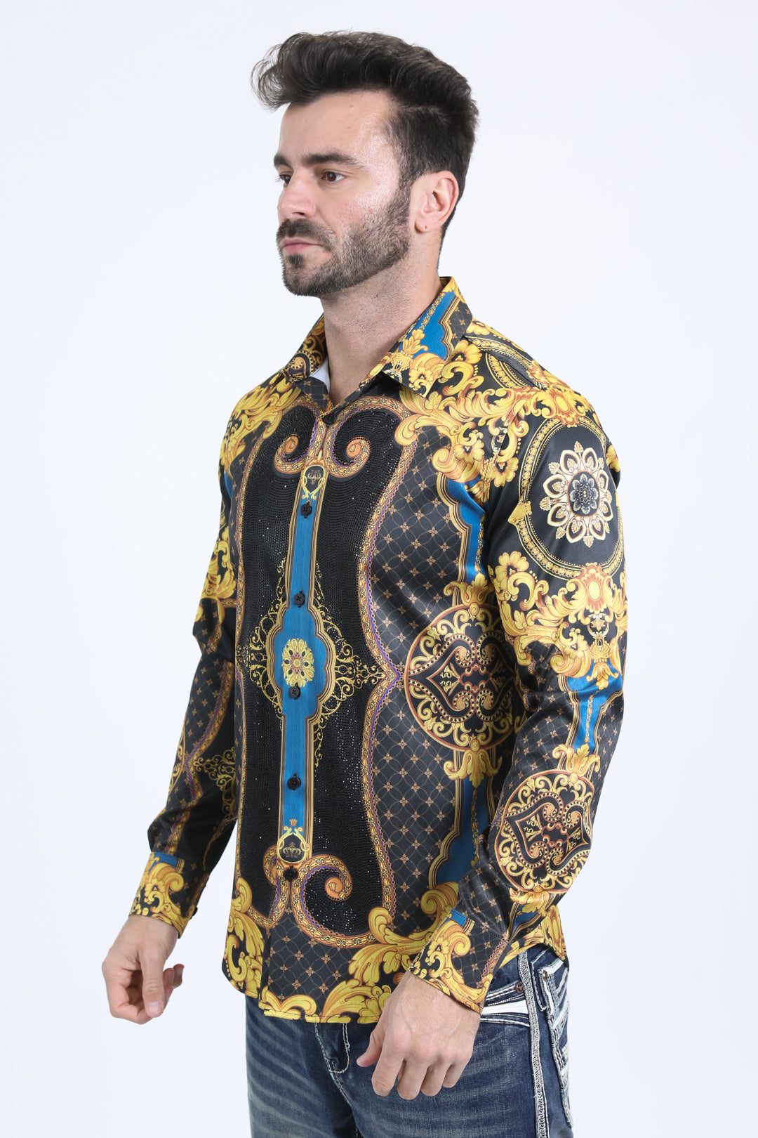 Mens Satin Digital Print Black Shirt with Rhinestones Applique