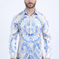 Mens Satin Digital Print White Shirt with Rhinestones Applique