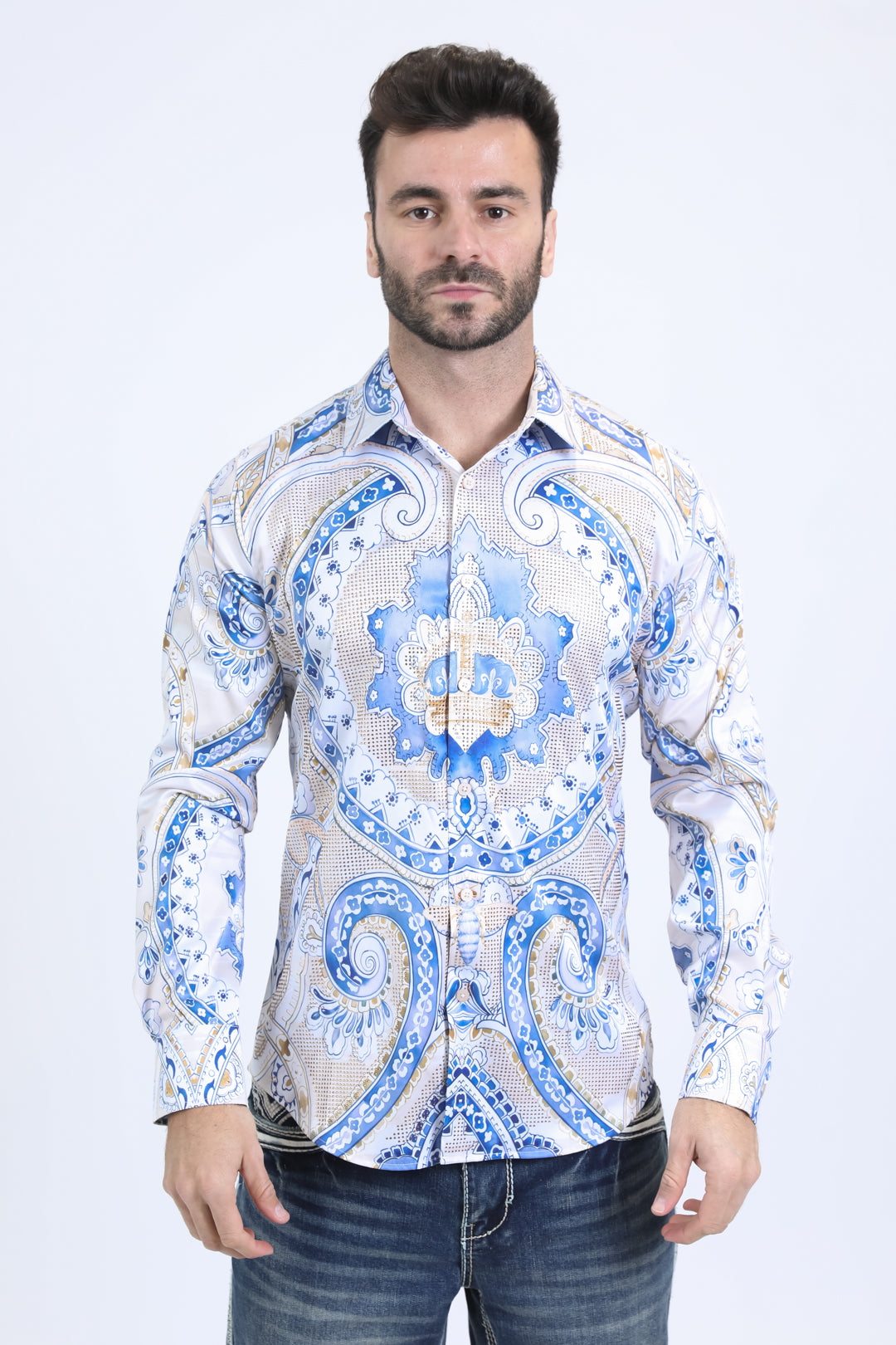 Mens Satin Digital Print White Shirt with Rhinestones Applique