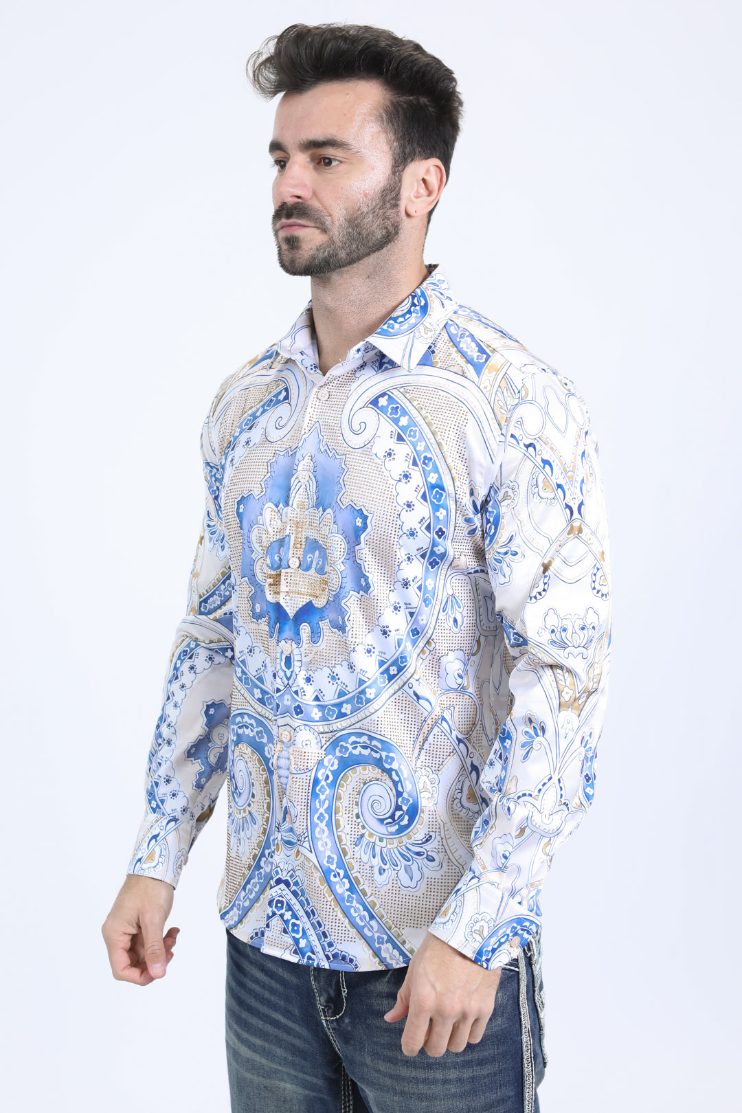 Mens Satin Digital Print White Shirt with Rhinestones Applique