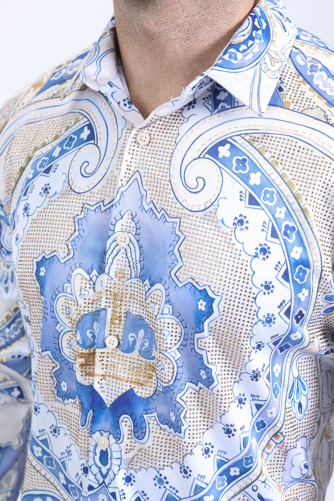 Mens Satin Digital Print White Shirt with Rhinestones Applique