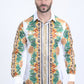 Mens Satin Digital Print White Shirt with Rhinestones Applique