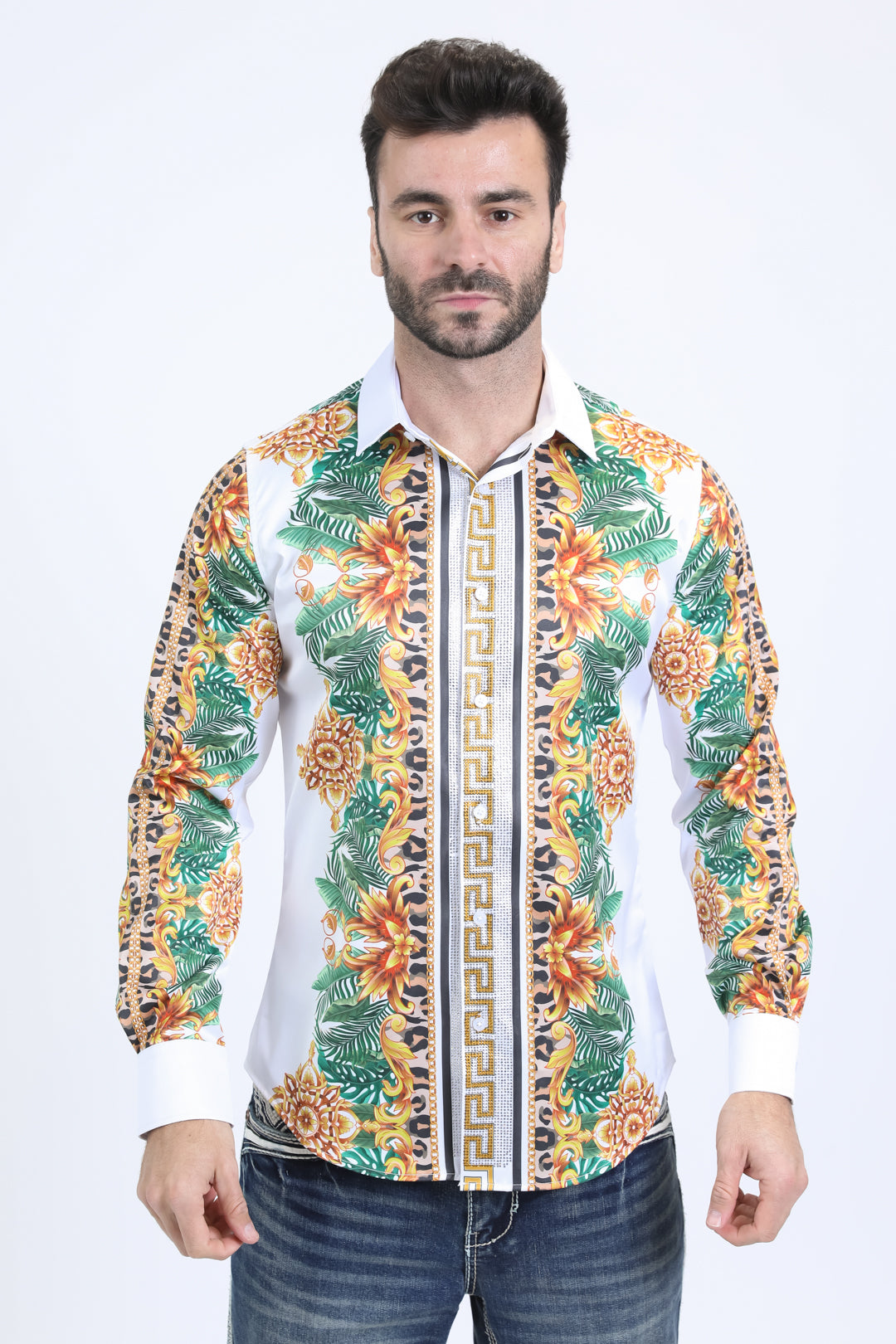 Mens Satin Digital Print White Shirt with Rhinestones Applique