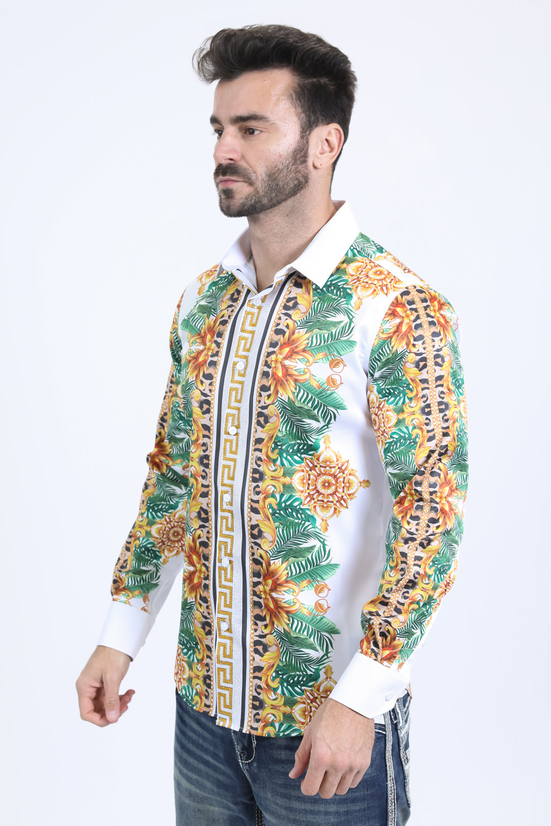 Mens Satin Digital Print White Shirt with Rhinestones Applique