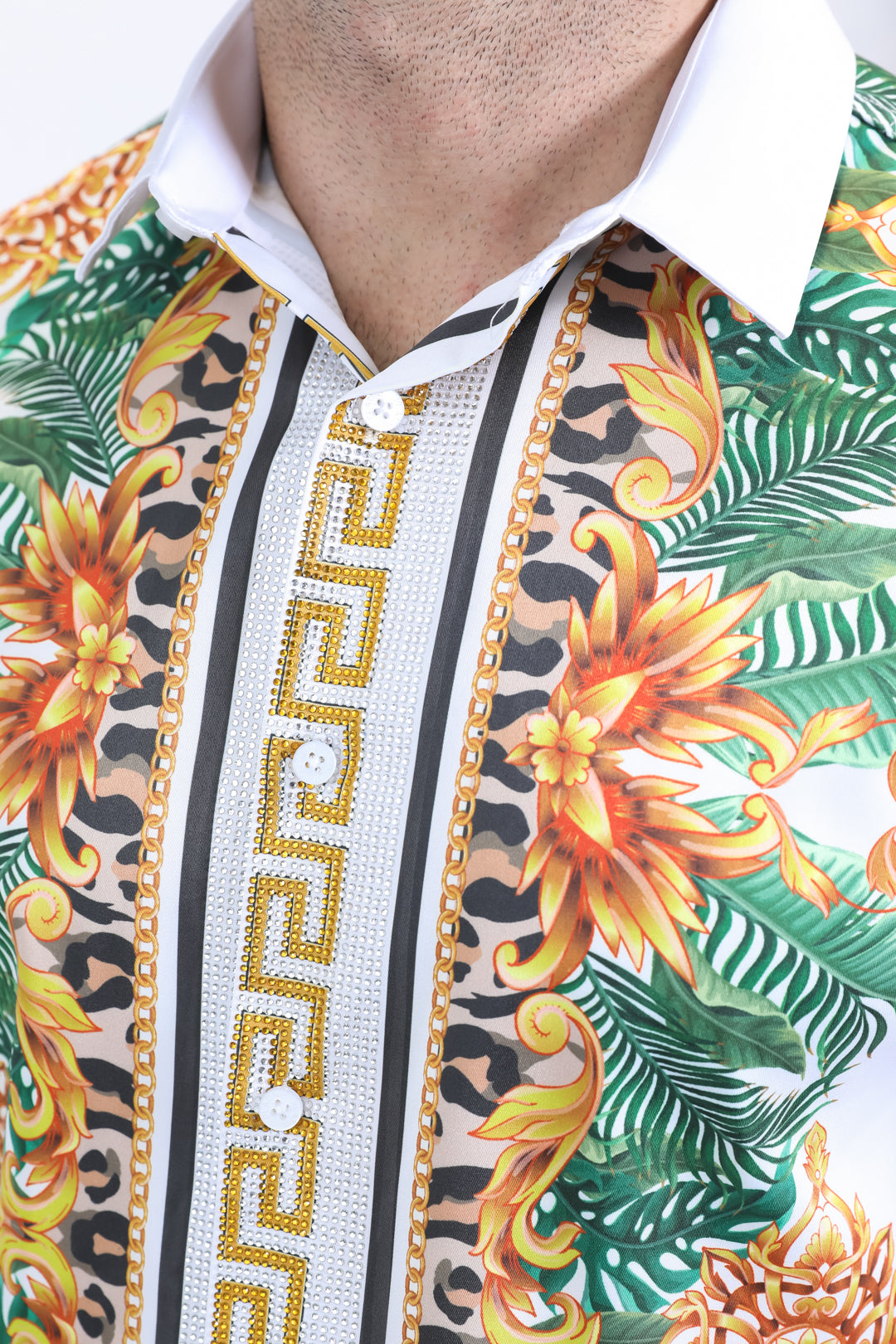 Mens Satin Digital Print White Shirt with Rhinestones Applique