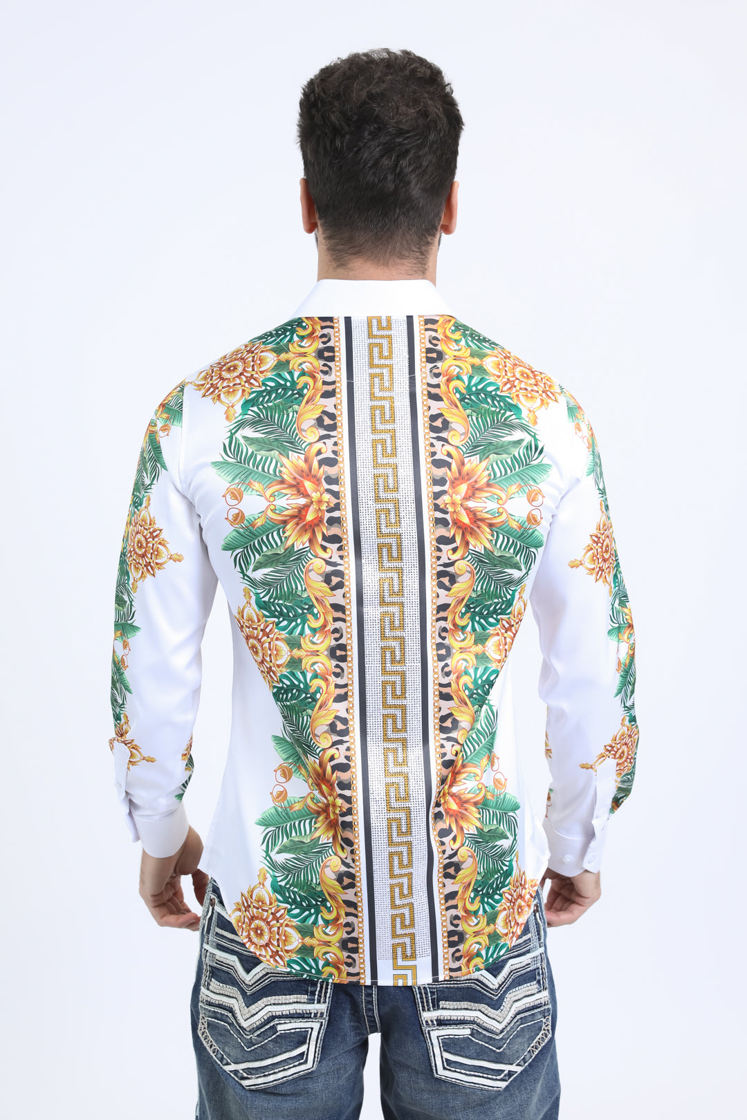 Mens Satin Digital Print White Shirt with Rhinestones Applique