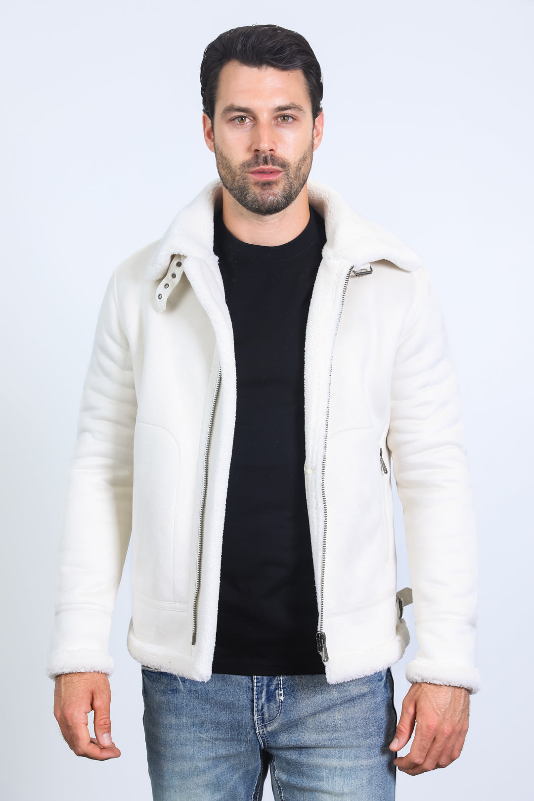 Men's Suede White Jacket w/ Faux Shearling-lined