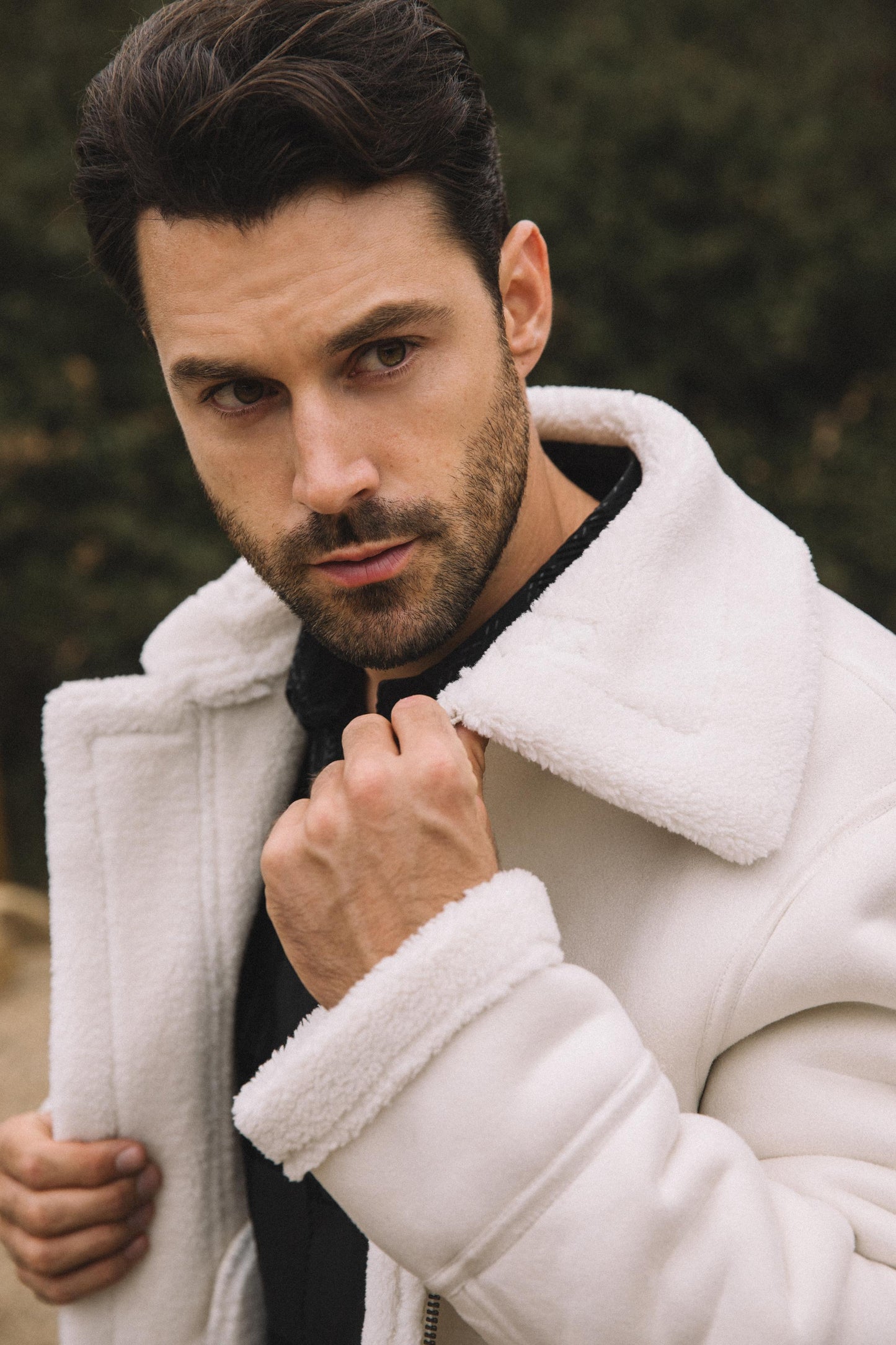 Men's Suede White Jacket w/ Faux Shearling-lined