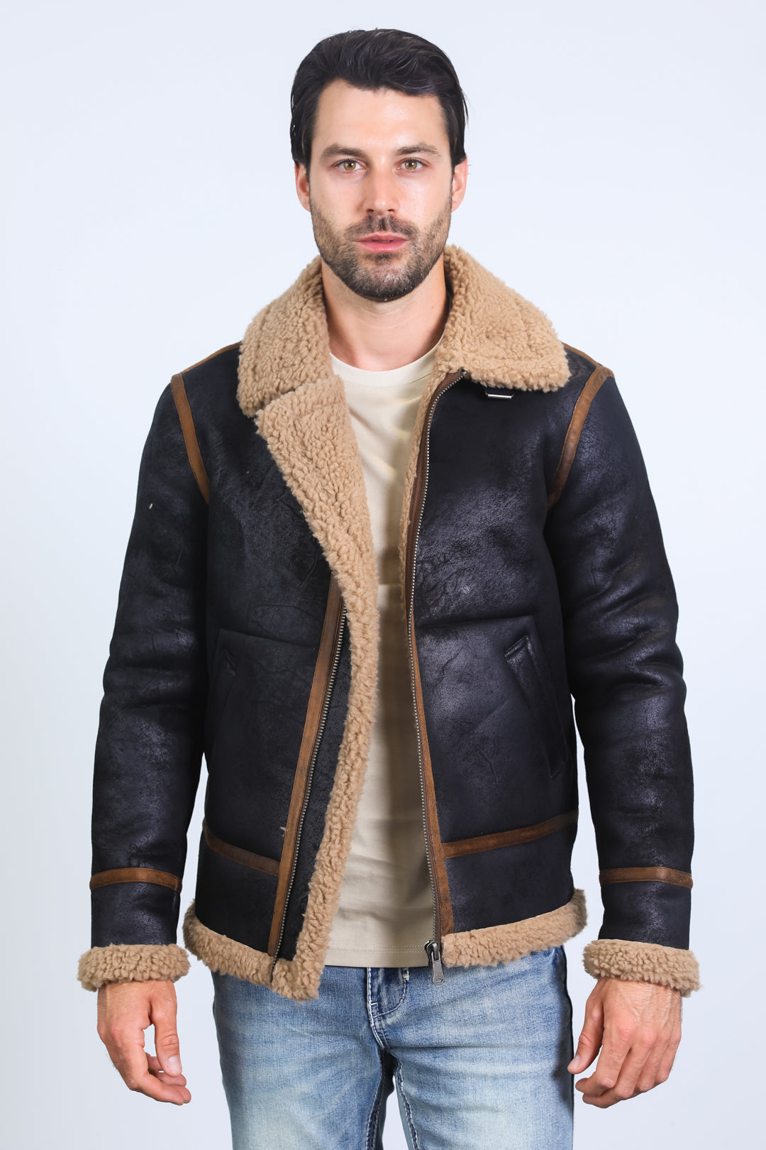 Men's Washed Suede Black Jacket w/ Faux Shearling-lined