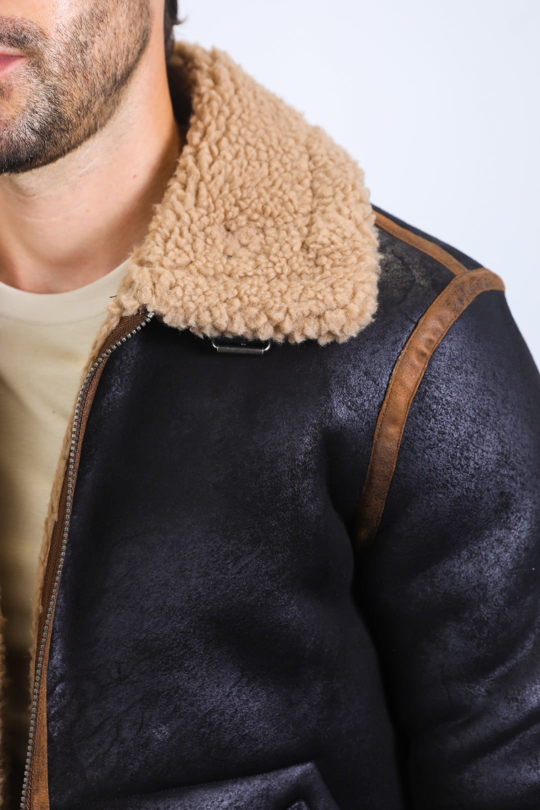 Men's Washed Suede Black Jacket w/ Faux Shearling-lined