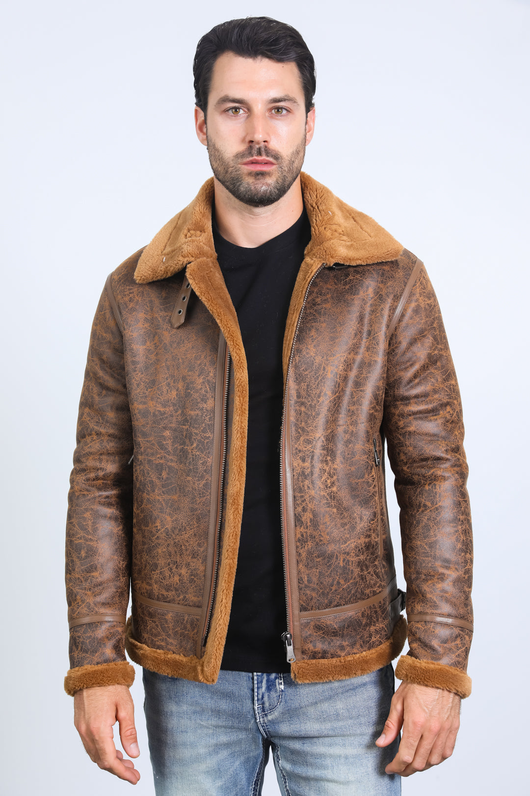 Men's Washed Suede Brown Jacket w/ Faux Shearling-lined