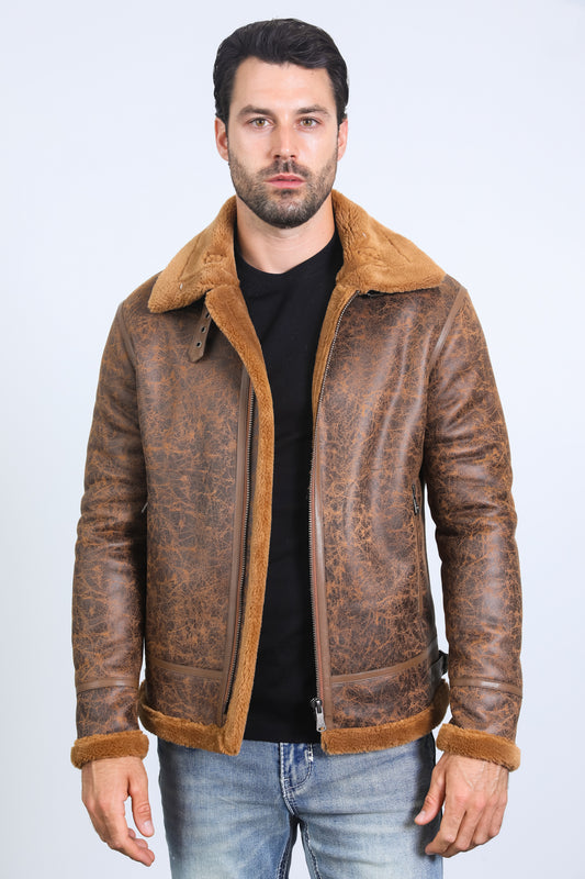 Men's Washed Suede Brown Jacket w/ Faux Shearling-lined