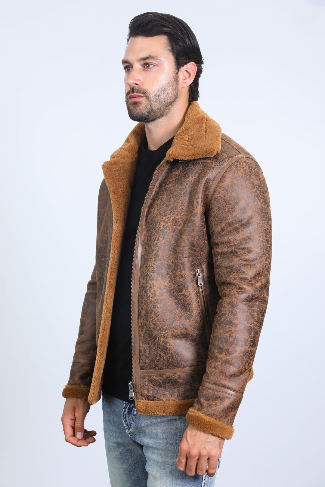 Men's Washed Suede Brown Jacket w/ Faux Shearling-lined